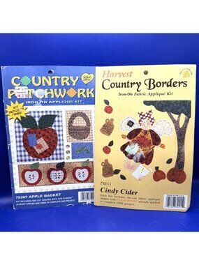 2 Vintage Iron On Fabric Applique Kit Apple Basket Cindy Cider Country Patchwork